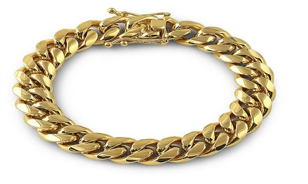 

solid 18k gold stainless steel mens thick heavy miami cuban link chain bracelet 8mm14mm bracelets men punk curb chain double safe3691671, Black