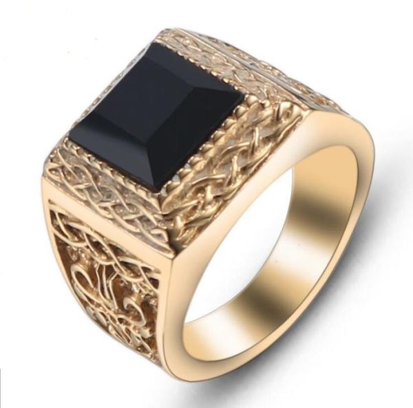 

men fashion 316l stainless steel gold ring with onyx stone classic black agate punk viking style ring titanium steel casting ring 6942269, Golden;silver