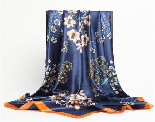 

scarves print floral 2021 square silk scarf women fashion 9090cm satin soft summer kerchief bandana foulard headband beach shawl 1010959, Blue;gray