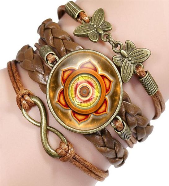 

mandala buddhist glass cabochon charm braided multi layer bracelets men women fashion leather bangle gifts jewelry4210817, Golden;silver