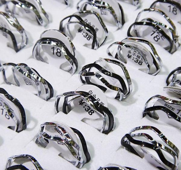 

fashion whole jewelry lots 50pairs stainless steel black with silver 3 in 1 waves rings a4685228933, Golden;silver