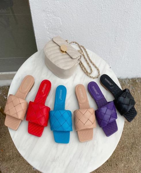 

women slippers braided leather flat beach botas square toe weave flip flops summer shoes woman cozy runway red white black mujer1041228