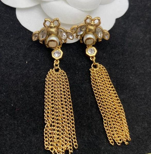 

trendy pearl bees dangle earrings with letter long tassel chain charm earring studs for lady women party wedding lovers gift engag2358425, Silver