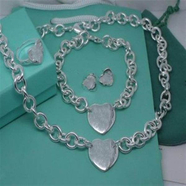 

2020 new silver thick link chain with silver heart bracelet and pendant necklaces earrings ring charming 4pcs suit with box and du193d