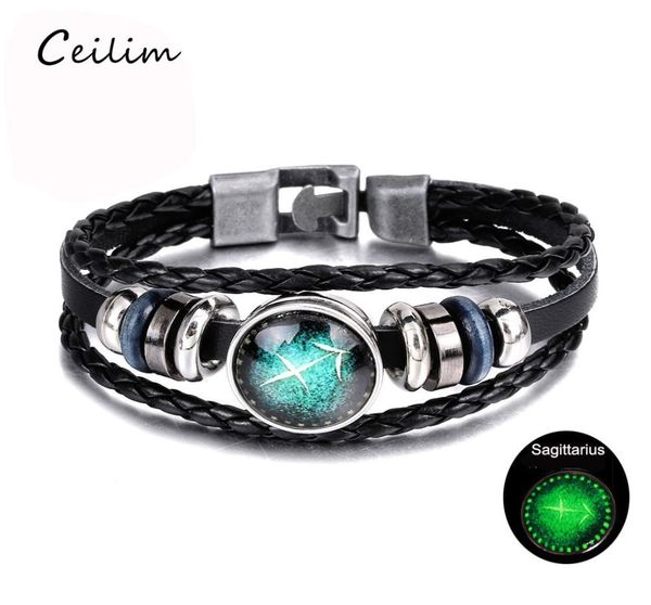 

glow in the dark luminous 12 constellations bracelet leather bracelet men casual personality zodiac signs punk bracelet whole 3943091, Black