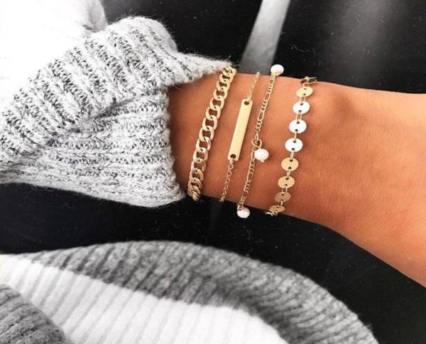 

pcsset gold chains bracelets sets sequin beads tassel chain rectangle geometric cuff friendship bracelet jewelry link1696358, Black