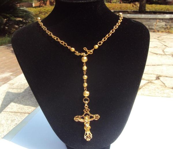 

loyal women cool pendant fine yellow 18 k solid gold filled holy rosary jesus wide beads chain necklace fixed ensemble285s8355513, Silver