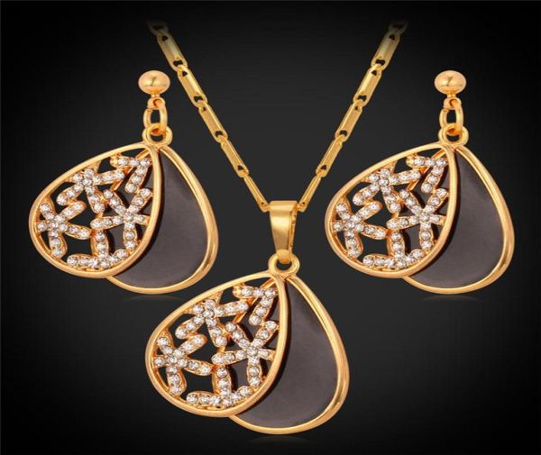 

18k gold plated black enaml sliding cover rhinestone pendant earrings choker neckace fashion jewelry sets for women ys7365027123