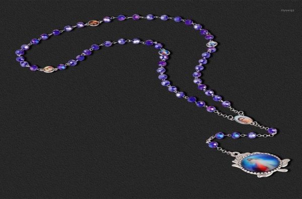 

pendant necklaces rose christ jesus catholic paternosters rosary necklace long blue glass prayer beads chain religious communion j9269901, Silver