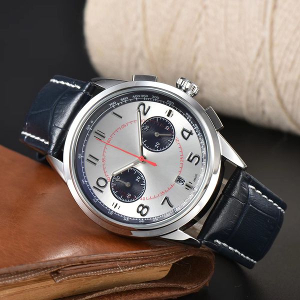 

haute horlogerie 41mm quartz chronograph men's watch red hands stainless steel bracelet fixed bezel bezel display leather strap, Slivery;brown