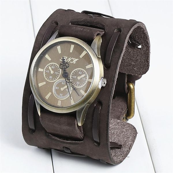 

vintage genuine leather bracelet watch fashion punk men teens quartz wristwatch wristband cuff bangle party festive gift three dia295e, Slivery;brown