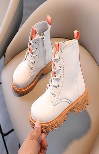 

flat shoes girls boots 2021 autumn single solid color thicksoled laceup ankle fashion toddler girl leather1351007, Black;grey