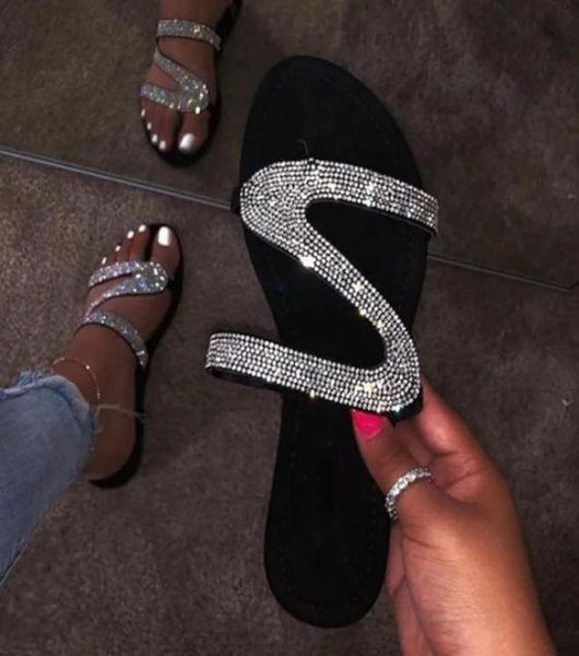 

slippers summer beach for women casual solid crystal roman plussize flat flip flops ladies sandals shoes2020142, Black