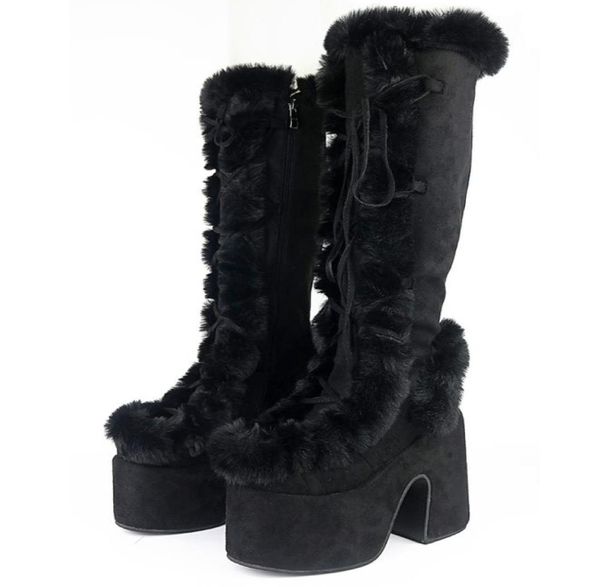 

size 43 brand goth platform chunky high heels fur short plush women039s boots cosplay winter stylish punk snowboots shoes woman5673339, Black