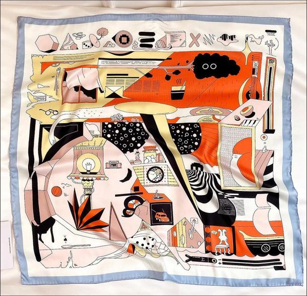 

scarves satin designer head scarf for ladies silk luxury hand sewn edges 90 digital print woman neck foulard luxe headwrap3430222, Blue;gray