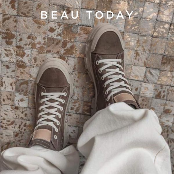 

dress shoes beautoday casual sneakers women suede leather round toe lace-high ladies retro fashion flat shoes handmade 29575 230907, Black