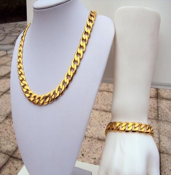 

heavy stamp 24k yellow real solid gold gf men039s bracelet necklace cuban chain set birthday 12mm wider jewelry sets shipp1012887, Silver