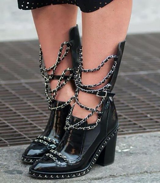 

street style metal chain square heel boots manufacturer pointed toe ladies shoes take off shaft versatile spring winter3214493, Black
