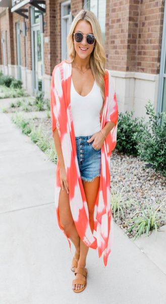 

bikini coverups beachwear clothing beach shawls chiffon tie dye art print three color long cover coats sun protection shaw8222093