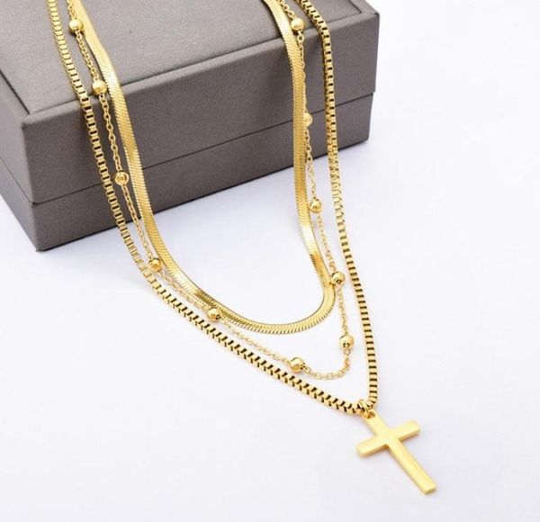 

chokers multi layer bone chain necklace fashion three-layer cross pendant titanium steel sweater5624678, Golden;silver