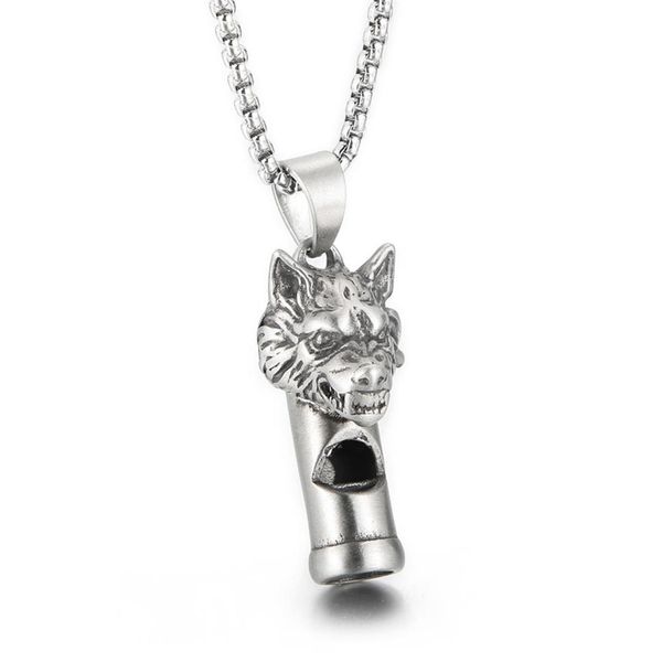 

gothic wolf head whistle necklace pendant casting stainless steel rolo chain jewelry for mens boys cool gifts silver polished blin256p