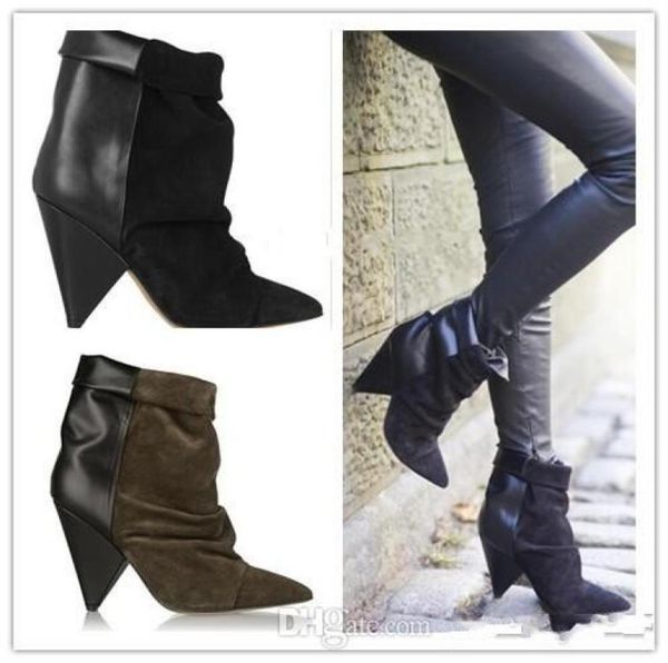 

is marant spike heel boots women genuine leather pointy toe ankle suede andrew wedge booties4531527, Black