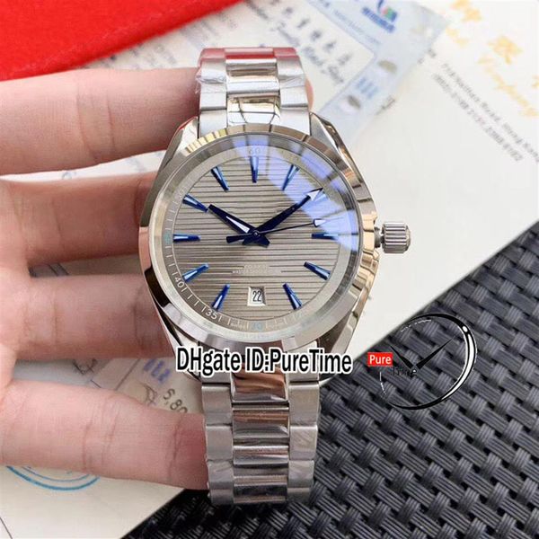 

new aqua terra 150m miyota 8215 automatic mens watch gray textured dial blue hands steel bracelet 220 10 41 21 06 001 puretime e26319t, Slivery;brown