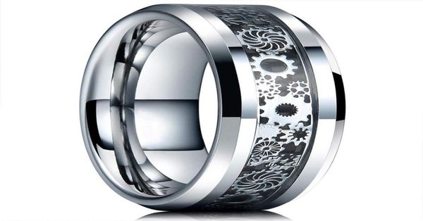

vintage silver color gear wheel stainless steel men rings celtic dragon black carbon fiber inlay ring mens wedding band9720572