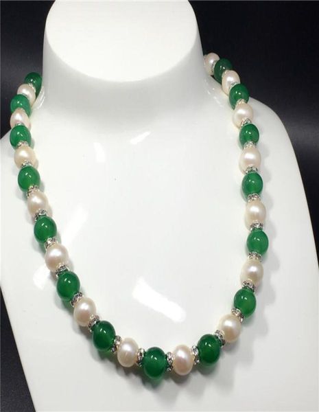 

sell natural 89mm white freshwater pearl green jade beads necklace 48cm fashion jewelry3121687, Silver