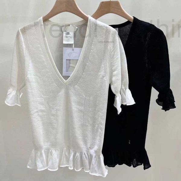 

women's knits & tees designer wind knitted v-neck ruffled short sleeved with thin and luxurious style, new slimming in 2023 summer uy6q, White