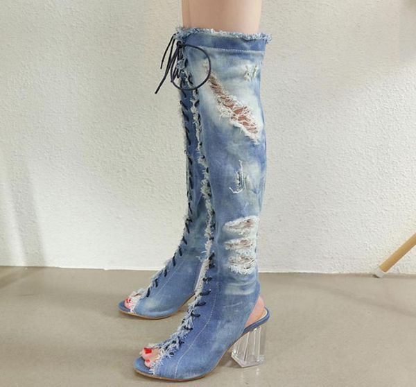 

trendy lace up denim blue transparent chunky heel over the knee thigh high boots size 34 to 402108722, Black