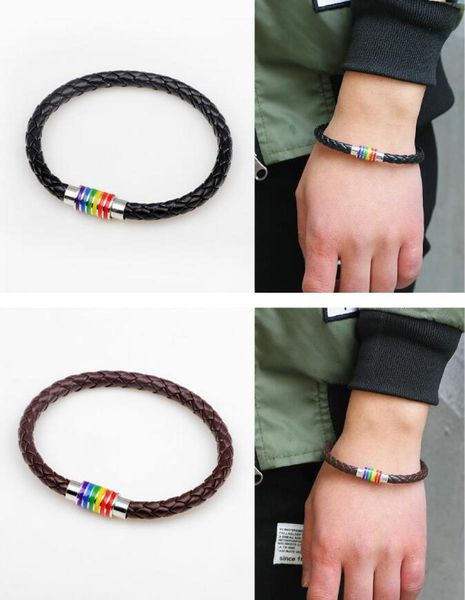 

2018 fashion rainbow gay pride braided leather bracelet bangles with copper magnetic clasp amazon 4131368, Golden;silver