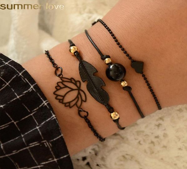 

4pcsset bohemian lotus bracelets set summer design black feather lotus heart charm bracelets for women girls jewelry6362155