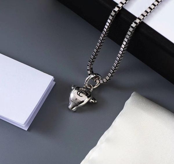 

women necklace bull head pendant bone chain sterling silver 925 jewelry luxury brands retro wide version fashion gift6127187