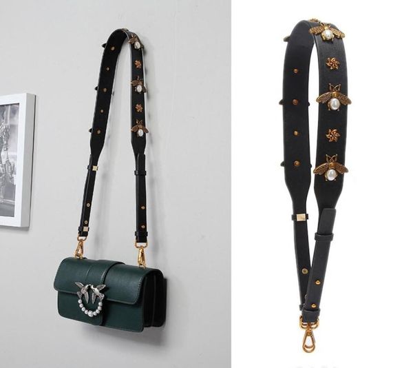 

fashion gold bee leather strap pu handbag accessories replacement wide shoulder bag straps women design corssbody bag strap belt c7750163, Black