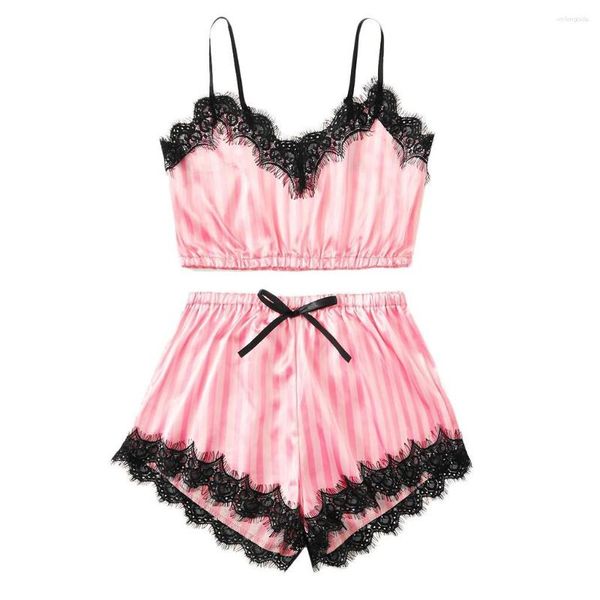 

women's sleepwear women pajamas sets lace lingerie pijamas silk satin pyjama sleeveless cami shorts for woman homewear, Black;red