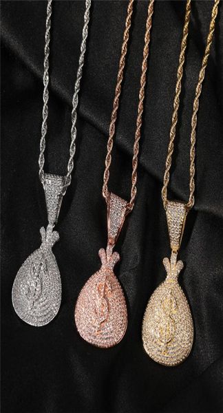 

iced out us dollar bag sign purse pendant necklace gold silver plated mens bling jewelry gift1905185