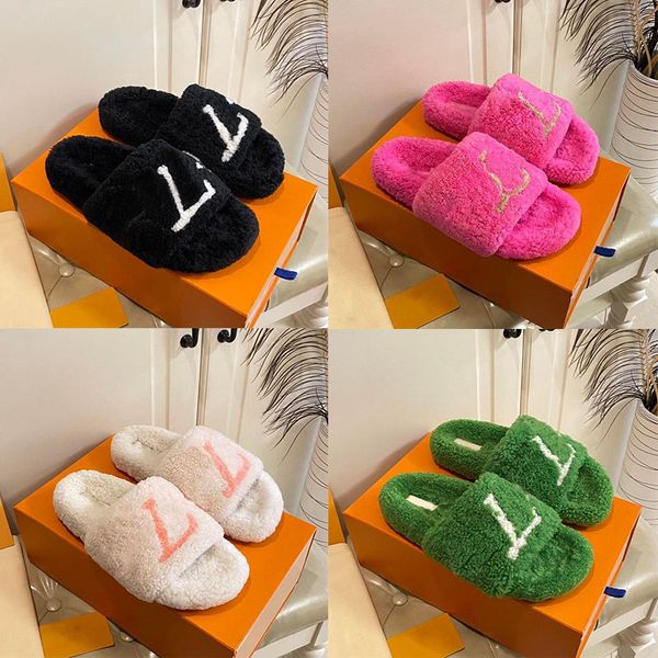 

2024 designer women furry slippers luxury fur slides comfort mule fluffy shoes slip on cloud white black pink brown green womans fuzzy platf
