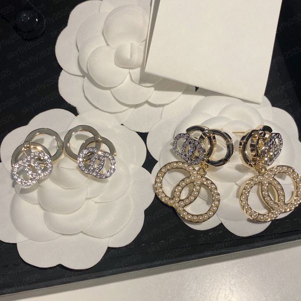 

ladies round crystal rhinestone pearl earrings wedding party jewelry classic style 18k gold plated 925 silver luxury brand designer monogram, Golden;silver