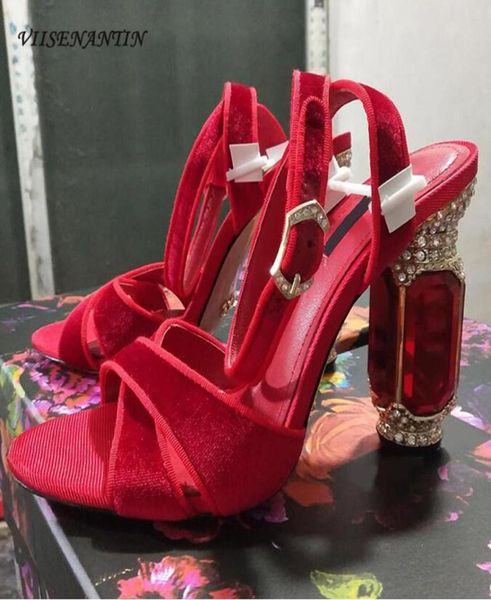 

viisenantin 2019 fashion summer sandal shoe red purple black silk leather diamond heel chunky heel wedding shoe bridal sandalias y9468803