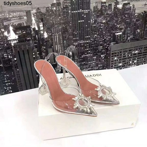 

amina muaddi is a internet celebrity with the same transparent rhinestone toe sandals women's pointed and versatile slim heel high heel, Black