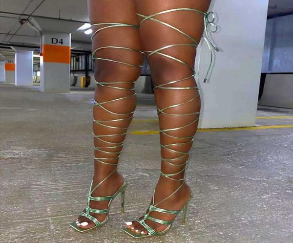 

sandals ttied knot lace up women shoes thigh high summer fashion square toe thin heel party dress6267100, Black