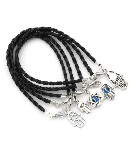 

100pcs mixed kabbalah hamsa hand lucky charms bracelets black leather braided string 17 21cm6564313, Golden;silver