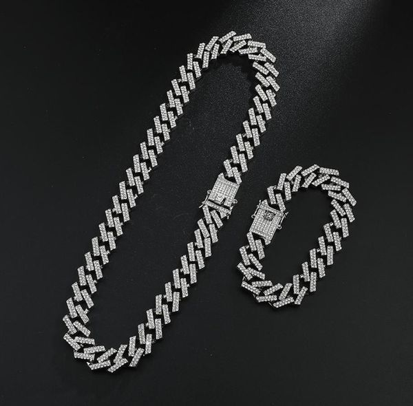 

hip hop 2pcsset iced out 15mm miami zircon cuban chain rhinestone necklaces bracelets 16182024 inch for men jewelry3254584, Silver