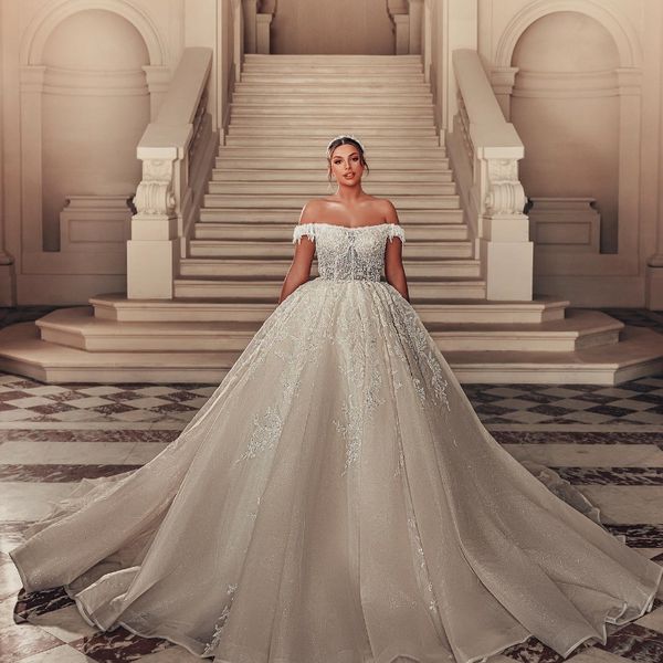 

luxury princess wedding dress off the shoulder embroidery appliques lace bridal gowns sleeveless vestido de novia custom made, White