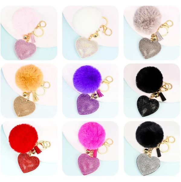 

creative love rhinestone keychain fashion fluffy pompom keyring charm car key holder crystal heart pendant women bag key chain6608965, Silver