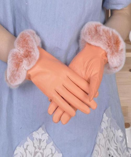 

five fingers gloves leather women winter sheep skin warm plus woolen cotton rex fur driving leather14906884, Blue;gray