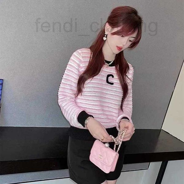 

women's knits & tees designer temperament pink stripe color block knitting shirt autumn and winter new round neck slim fit long sleeve, White
