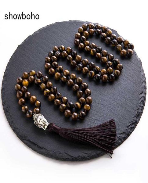 

pendant necklaces 8mm natural yellow tiger eyes beaded and knotted japamala necklace 108 mala meditation yoga tibetan buddha head 9808285, Silver
