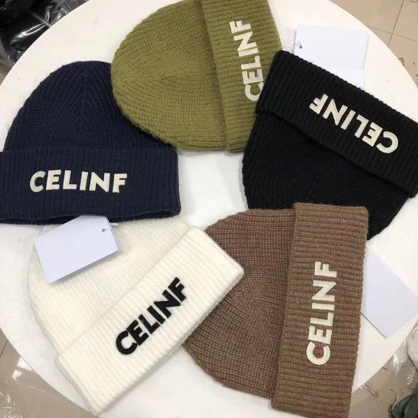 

Ball Autumn/winter CELINF Knitted Big Brand Designer Beanie/skull Caps Stacked Hat Baotou Letter Ribbed Woolen, Blue